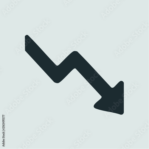 A dark gray jagged line graph pointing downwards is centered against a light gray.