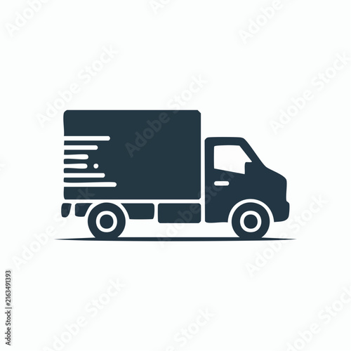 A minimalist flat icon depicts a dark blue delivery truck moving with speed lines.