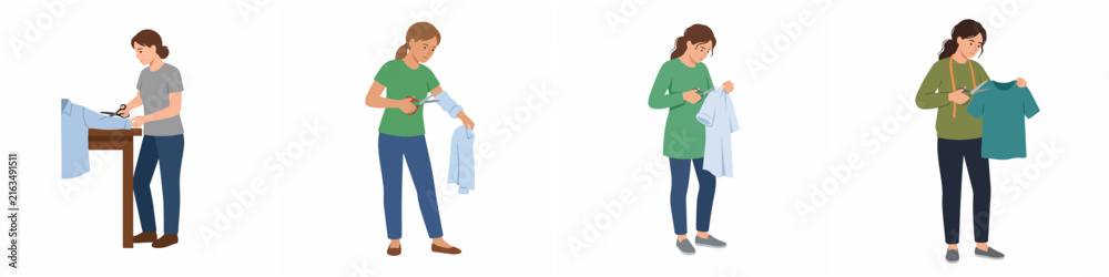 Obraz premium Set of women characters cutting and modifying old clothes for upcycling and DIY fashion projects