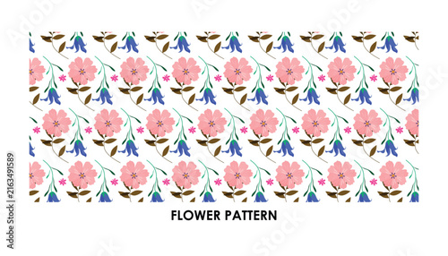 Seamless floral pattern with hand drawn pink blossoms and blue bell flowers on a white background