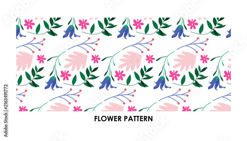 Elegant floral seamless pattern banner with hand drawn wildflowers, blue bellflowers, and green leaves on white background