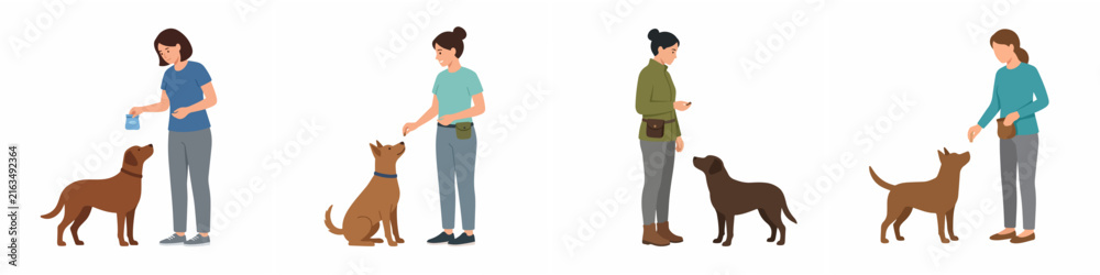 Obraz premium Flat vector illustration set of women training and rewarding their dogs with treats and positive reinforcement