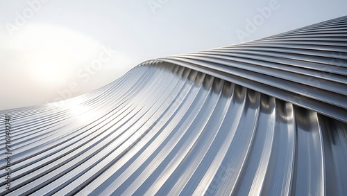 A flowing wave-like structure composed of numerous parallel metallic fins creates an abstract and futuristic architectural facade against a bright sky.