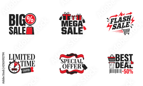 Set of six creative promotional sale badges and discount stickers for retail marketing and e commerce advertising campaigns