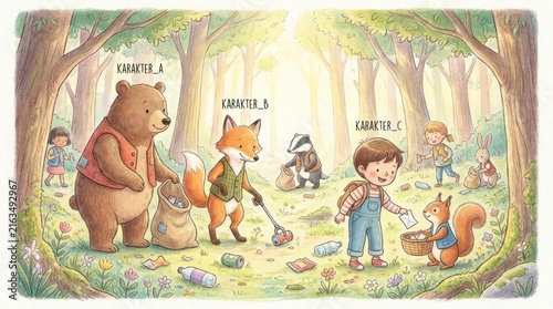 Watercolor illustration of animals and boy cleaning forest.