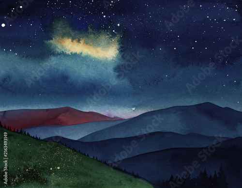 こぼれる月あかりと紫紺の山並みを描いた水彩画タッチの夜空