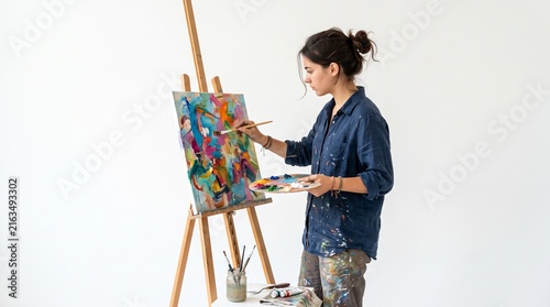 Young woman artist painting abstract artwork on canvas with oil paints on easel in studio