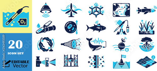 Ocean conservation and environmental monitoring icon set