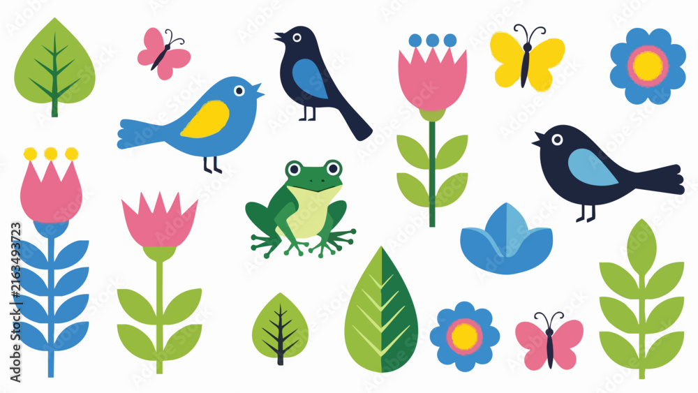 Obraz premium Cute cartoon spring nature elements set with birds and flowers.