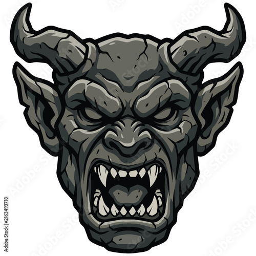Stone Gargoyle Demon Head Illustration with Sharp Fangs and Intricate Cracked Texture Detailing