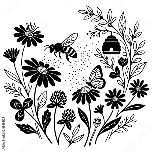 Plakat Hand-drawn black and white floral wreath with bees, butterflies, and wildflowers for nature-themed designs
