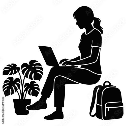 Plakat Young woman working remotely on laptop with plants and backpack in minimalist workspace