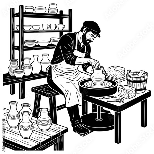 Plakat Artisan potter handcrafting ceramic tableware in rustic workshop with clay pottery collection