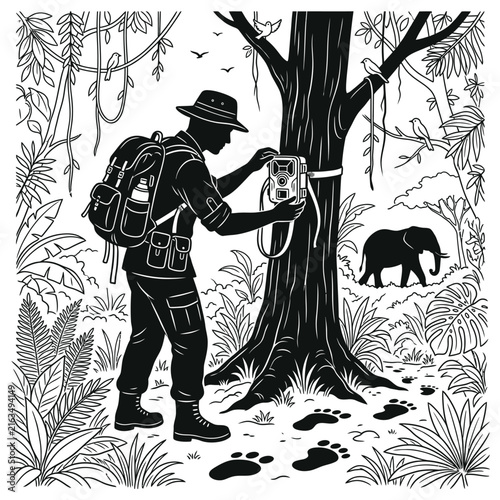 Plakat Hunter with backpack checking bear tracks in snowy winter forest wilderness scene