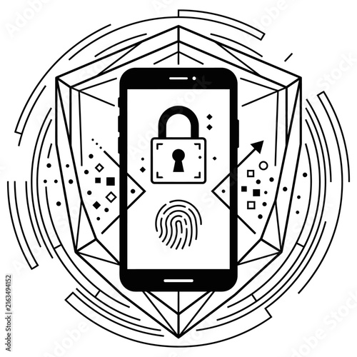 Plakat Smartphone security shield with fingerprint and padlock icon for digital protection and privacy