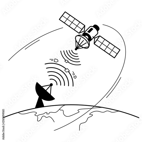 Plakat Satellite communication network transmitting signals to drone over mountainous terrain outline