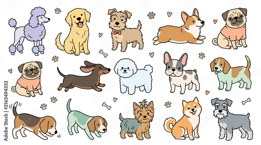 Fototapeta premium Cute Dogs Set Hand Drawn Vector Illustration of Puppy Breeds
