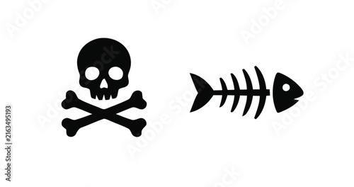 Minimalist Black Icon Set Featuring A Stylized Skull And Crossbones Symbol Alongside A Fish Skeleton Silhouette Design For Digital Assets