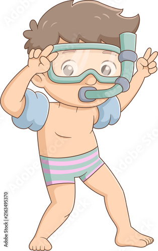 Cute little boy snorkeling cartoon character summer beach vacation illustration swimming fun