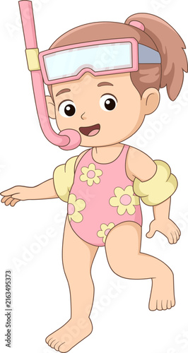 Cute little girl snorkeling cartoon character summer swimming vacation illustration fun