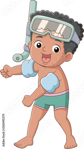 Cute little boy snorkeling cartoon swimmer summer vacation illustration with float