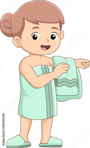 Cute little girl wrapped towel holding bath towel cartoon illustration hygiene