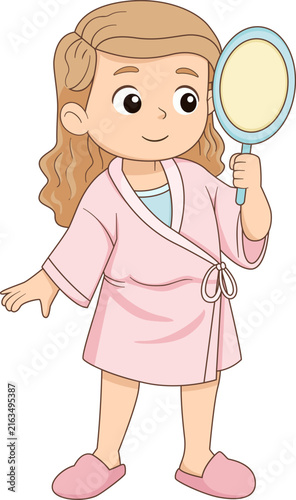 Cute little girl holding mirror wearing bathrobe cartoon self care illustration