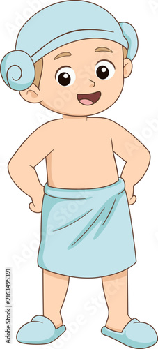 Cute little child wrapped towel after bath cartoon hygiene illustration character