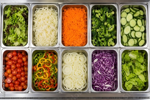 Assorted fresh vegetables arranged in stainless steel trays for food service