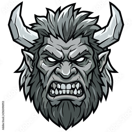 Fierce and aggressive monster head vector illustration with sharp horns and angry expression for esports team logo or gaming emblem