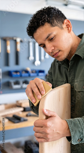 Young Latino craftsman sanding a rounded oak wood edge. Carpenter using sandpaper in a bright workshop. Woodworking and DIY concept