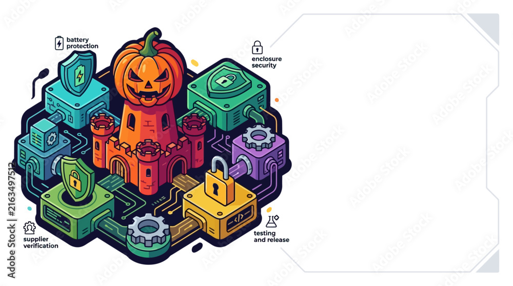 Fototapeta premium Digital Security Shield Infrastructure Featuring Central Pumpkin Castle Design for Seasonal Cybersecurity Risk Mitigation and Protection Systems