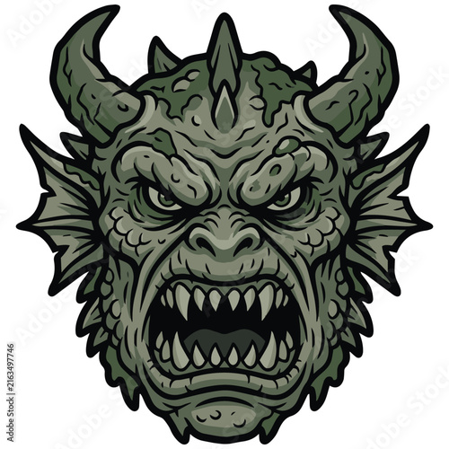 Menacing Green Monster Head Illustration with Sharp Teeth and Horns for Game Mascot Logo