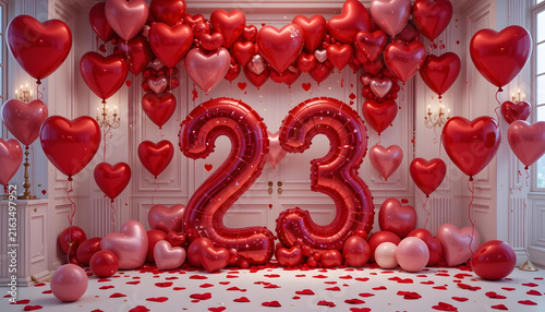 Red number twenty three balloon floating among heart shapes for wedding anniversary party.