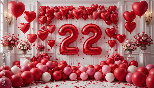 Red number twenty two balloon surrounded by floral heart decorations for anniversary party.