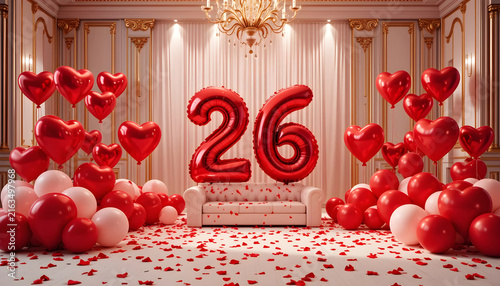 Red number twenty six balloon setup with elegant sofa and heart balloons for anniversary.