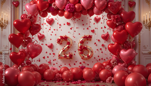 Shiny twenty six number balloon decoration with floral heart theme for celebratory occasion.