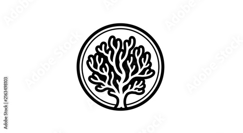 Organic black and white tree icon or coral silhouette inside a circle. Minimalist nature graphic element for branding, ecology, and growth concepts.