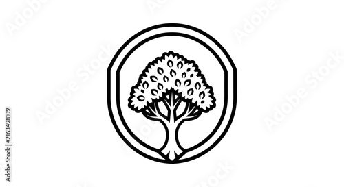 Minimalist black and white outline illustration of a growing tree inside a protective shield emblem, symbolizing nature, strength, and security.
