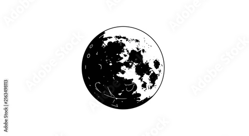 Black and white graphic illustration of the moon, a celestial body with visible surface features and craters, representing space and astronomy.