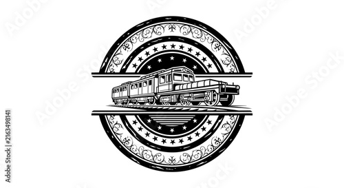 Vintage Train Emblem Illustration. Classic Passenger Locomotive on Rails within a Decorative Circular Badge Design