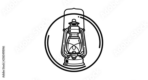 Vintage Oil Lamp Vector Illustration. Classic Kerosene Lantern Icon in a Circle. Retro Antique Light Source Graphic Design Element.