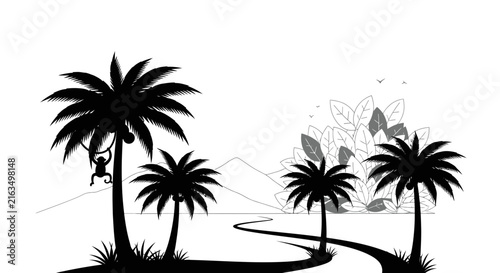 Tropical jungle landscape silhouette illustration with palm trees, a monkey climbing, a winding path, and mountains.
