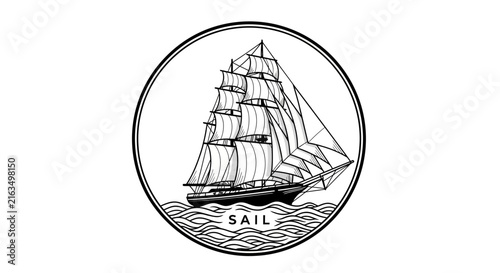 Vintage Black and White Tall Ship Sailing on Ocean Waves Emblem Illustration - Classic Nautical Maritime Vessel