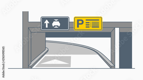 Parking garage entrance with directional and information signs. EPS Editable