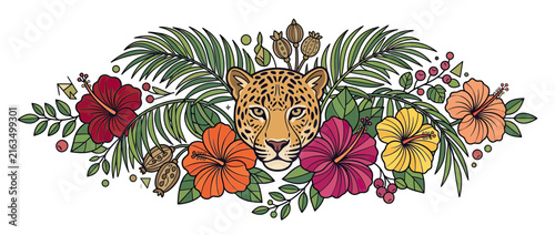 Exotic Leopard Head Surrounded by Tropical Flowers and Leaves
