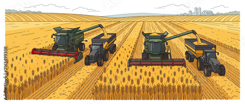 Farm Harvesters Working in a Golden Wheat Field