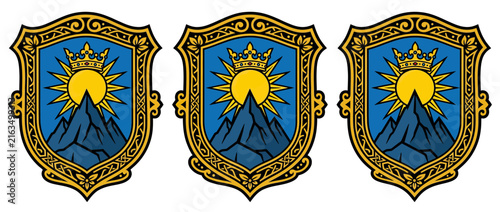 Heraldic Crest with Sun, Crown, and Mountains