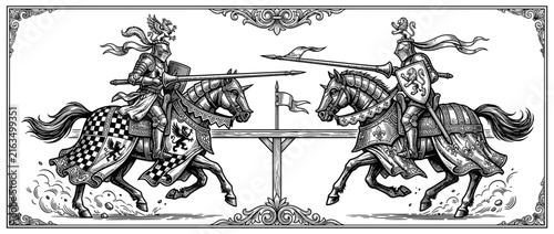 Knights Jousting on Horses in Medieval Armor Illustration
