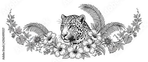 Leopard Head Surrounded by Exotic Tropical Flowers and Leaves